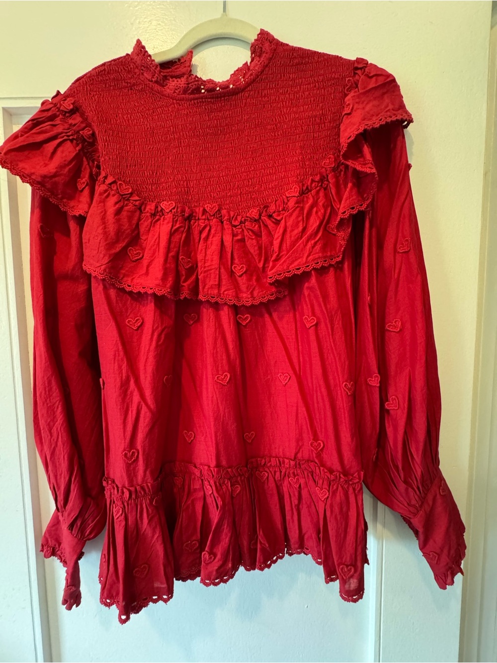 FARM Rio Red Ruffled Heart-Embroidered Blouse